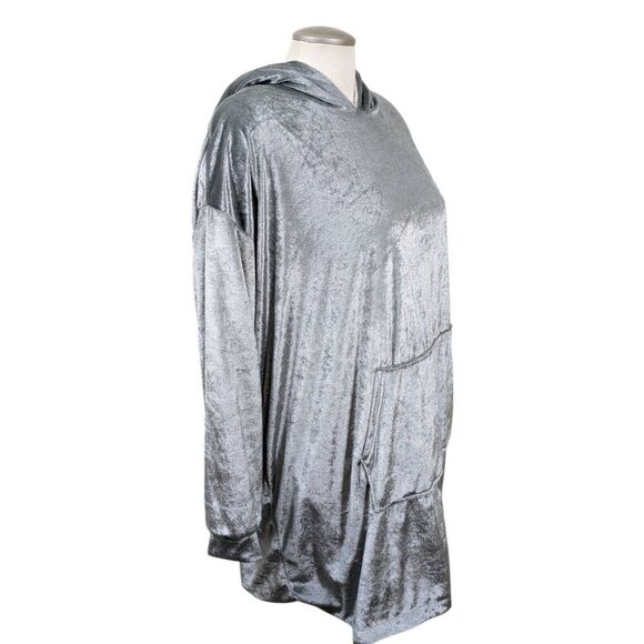 Velour Plush Hoodie Plus Size 2X Shiny Silver Kangaroo Pocket Faux Sherpa Lined - Picture 5 of 11